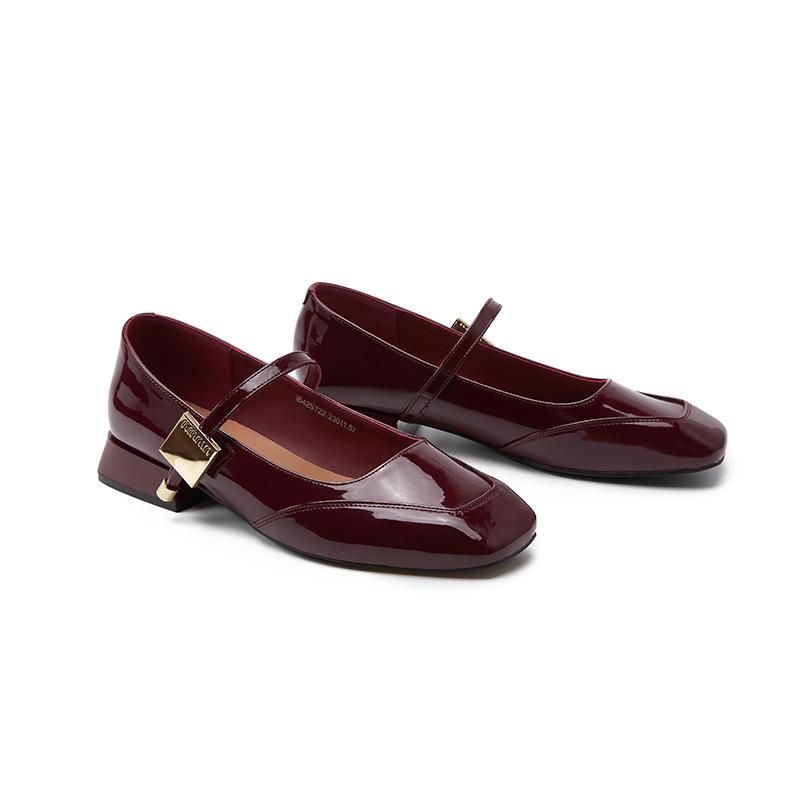 Sheepskin Version~ Metal Buckle Miu Shoes Square Head Mary Jane Shoes Women's French Gentle Commuting Red Thick Heel Single Shoes