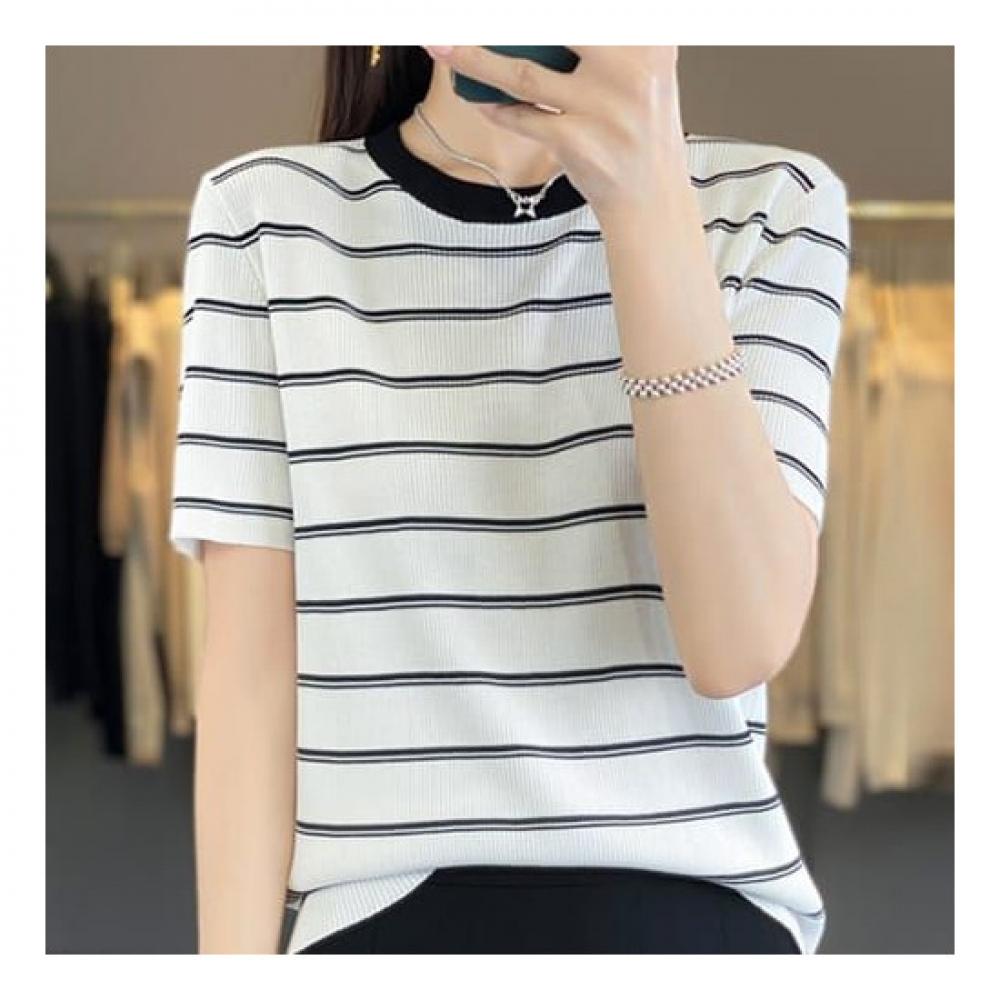 Navava Thin Short Sleeve Round Neck Stripe Knit Nk2093