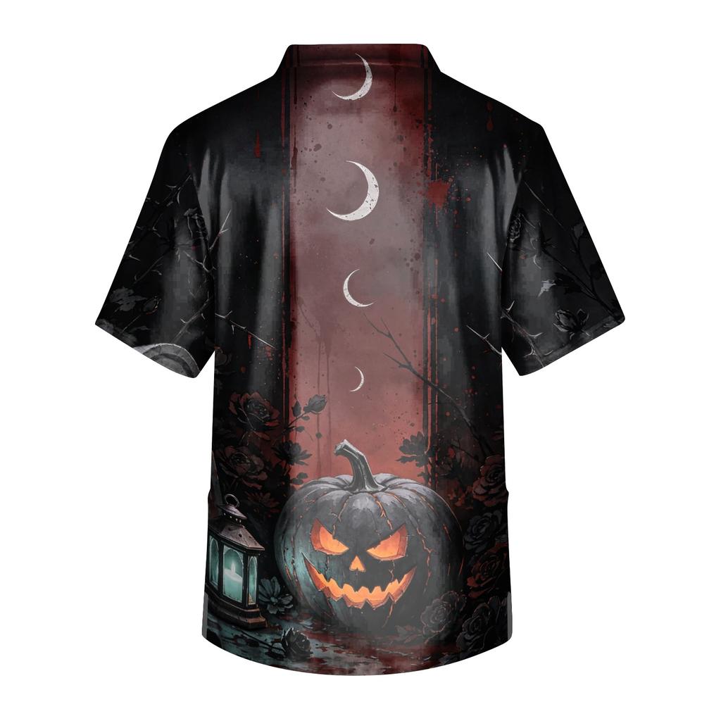 Men's Halloween Print Scrub Top Short Sleeve for Work Uniform