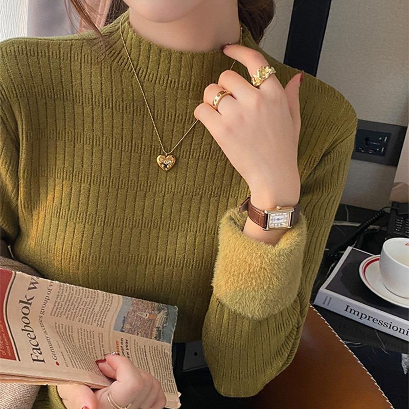 

Осенние и зимние плюшевые бархатные пуловеры, свитера женские с длинным рукавом, облегающий женский базовый свитер с полувысоким воротником, толстые теплые вязаные джемперы 25930 One Size горчичный