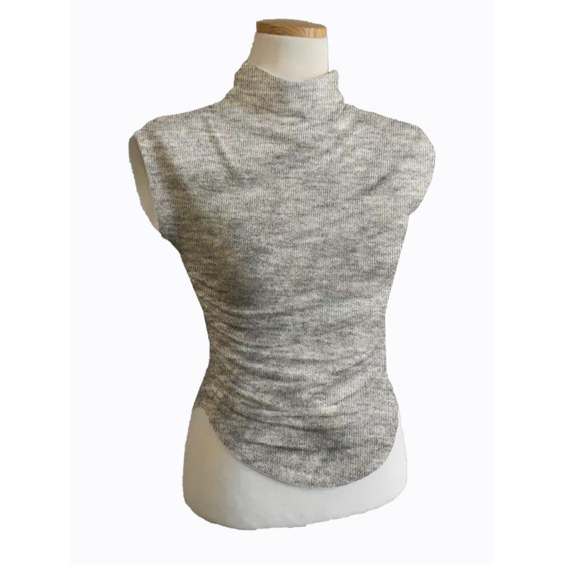 

Women s Autumn Korean Pleated T-shirt with Half-High Collar and Cinched Waist One Size