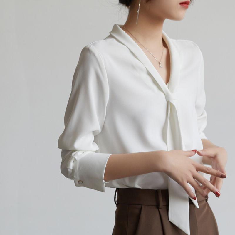 2025 Spring/Autumn Women's Chiffon Blouse: Elegant White Shirt with Flowing Ribbon for Professional and Interview Wear