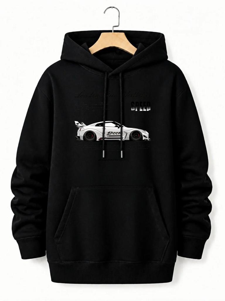unisex Hoodie, Casual Daily Wear, Speed Car Graphic Print, Pullover Hoodie, Streetwear Style, Autumn Winter Season, Front Pocket And Drawstring Design