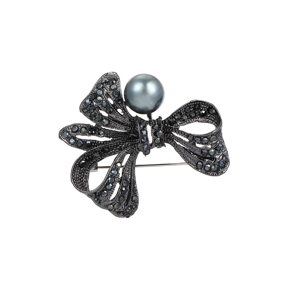 Korean Black Rhinestone Bow & Pearl Brooch for Women's Fashion Suits and Cardigans