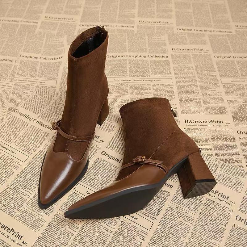 Autumn and winter new short boots French retro pointed one-word buckle thick heel fashion boots women's medium tube suede spell
