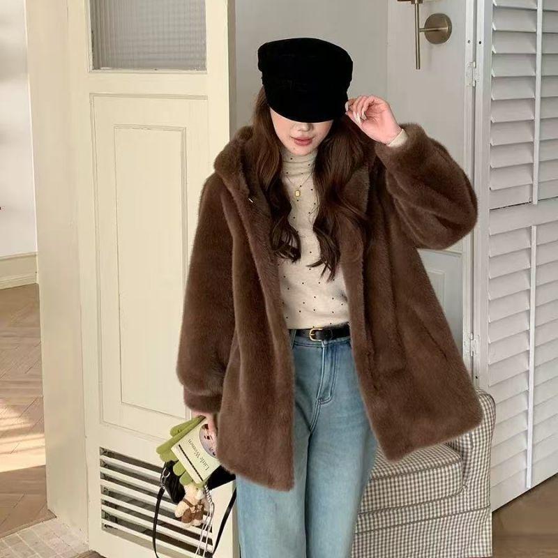 Fashion Imitation Mink Fur Coat For Women Warm Hooded Overcoat Young Style Fur Coats Female Artificial Outerwear