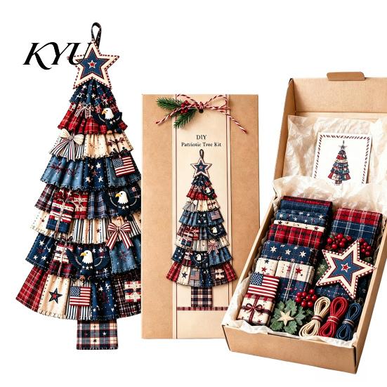 Accroche Murale Festive pour la Maison DIY Kit d'Assemblage Arbre de Noël Patchwork Surdimensionné, Ensemble d'Assemblage Tissu à Carreaux Rétro Décoration avec Ornements pour la Décoration des Fêtes Et
