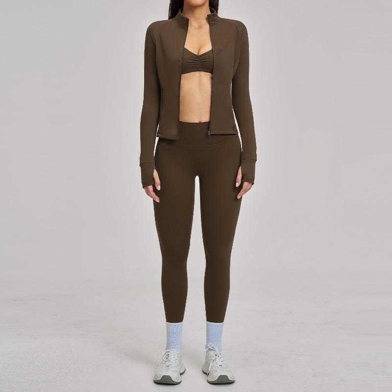 Fitness set, brushed zipper casual set, women's outdoor cycling and running sports three-piece set