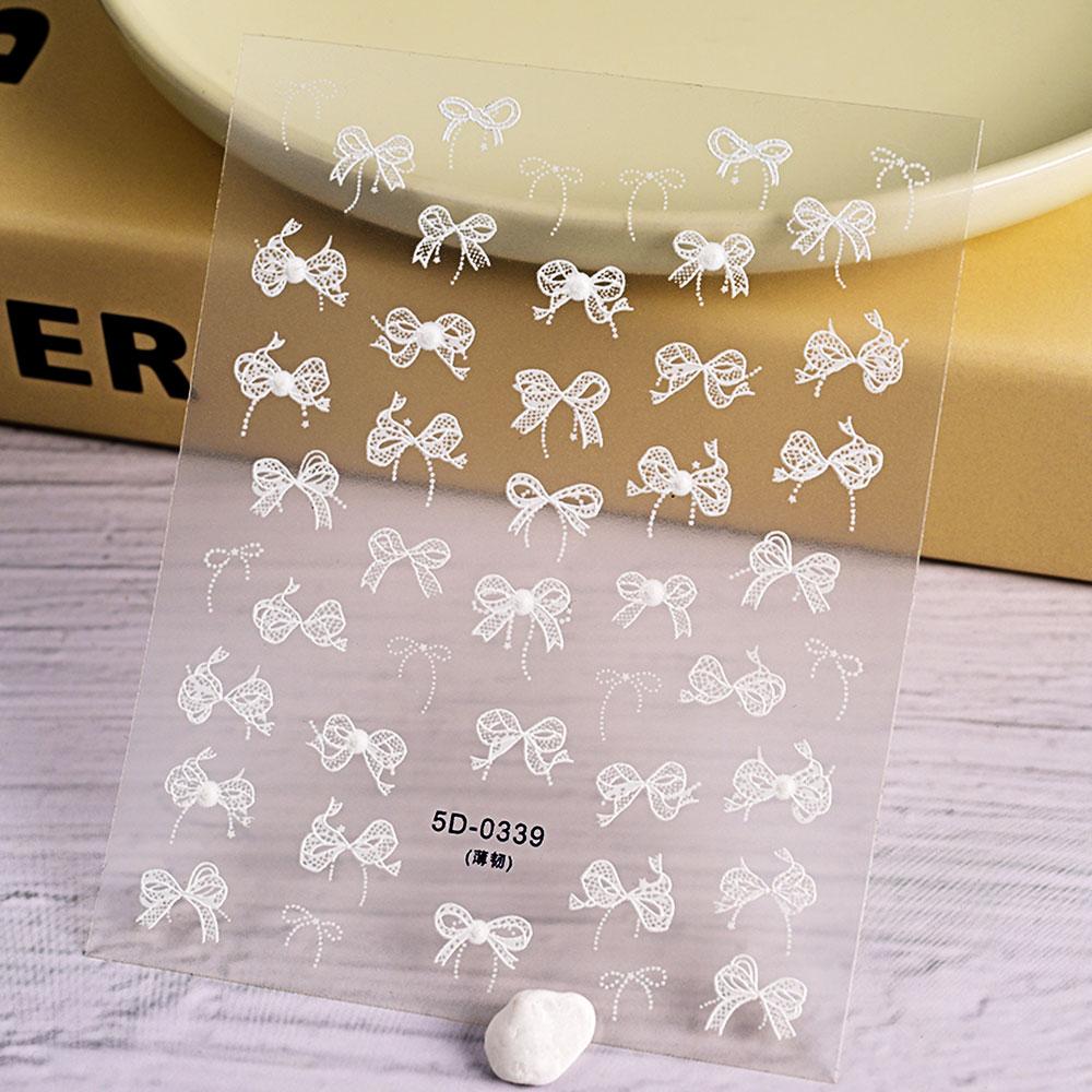 1PC 5D Embossed White Lace Bow Nail Art Stickers Cute Pink White Ribbon Bow Tie Nail Sliders Kawaii Bow Manicure Accessories TY9