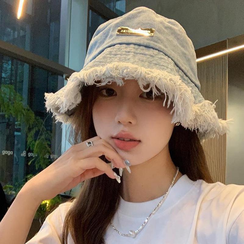 Women Cowboy Bucket Hat Washed Denim Tassel Brim Fisherman Hats For Girls Metal Label Outdoor Panama Basin Cap