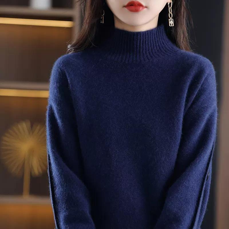 Dámský svetr Podzimní a zimní S přezkou Poloviční rolák Dámský ležérní styl Všestranný vlněný svetr Volný zahuštěný svetr