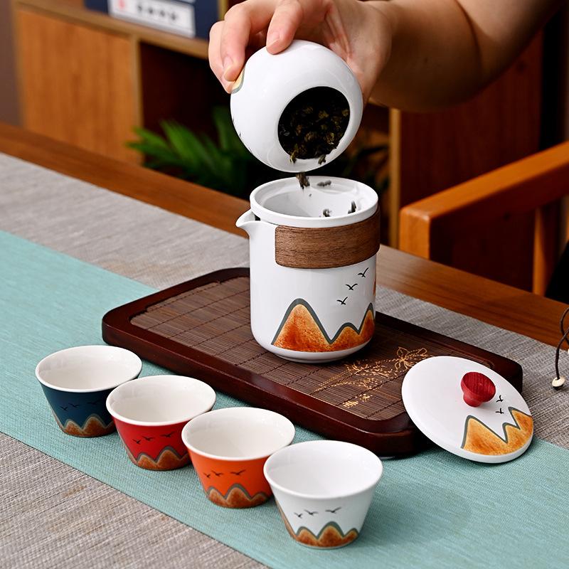 Thousand Miles Jiangshan Guochao Tea Set One Pot Four Cups Set Ceramic Complete Household Portable Gift Box