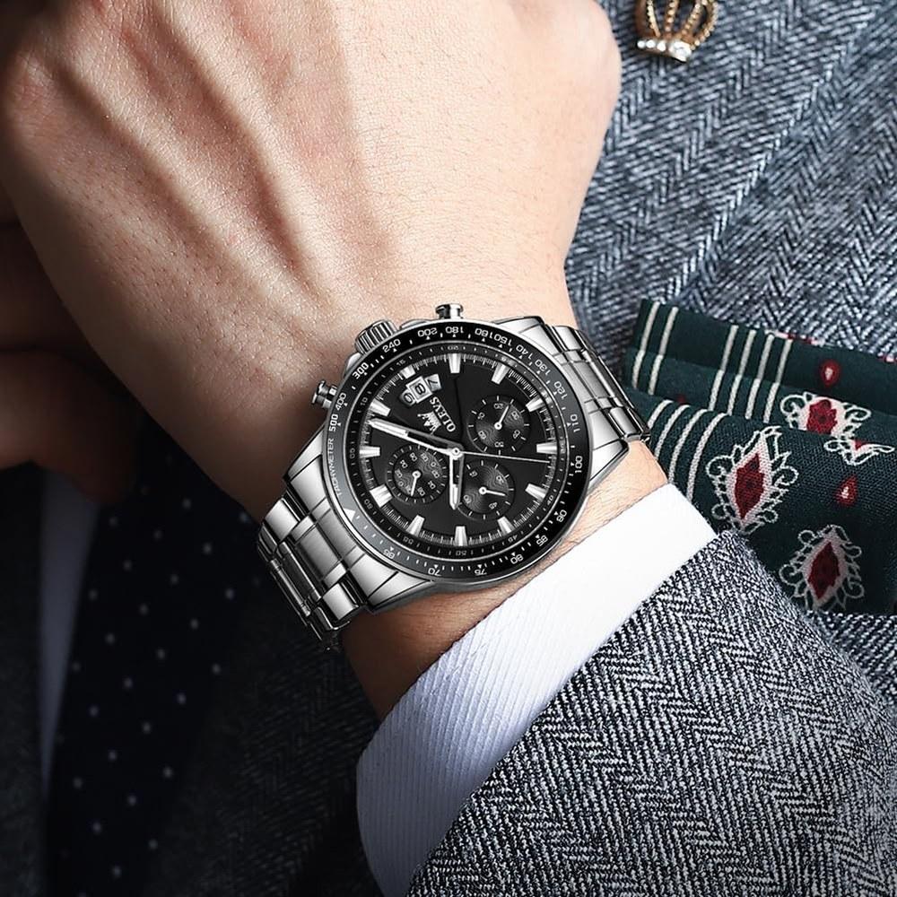 OLEVS Men's Quartz Watch Multi-Function Stainless Steel Waterproof Analog Watch Luminous Hands Date Display Black Fashionable