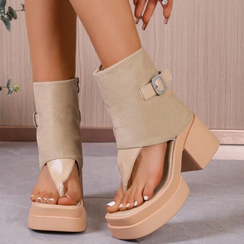 2025 Summer New Women's Cover Heel Sandals Outdoor Buckle Chunky Heels Side Zip Ankle Boots Women Platform Modern Thong Sandals