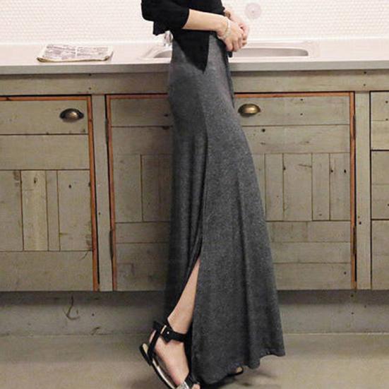 Women Maxi Skirt Adjustable Drawstring High Waist Side Slit Large Hem Long Skirt Solid Color A-Line Skirt