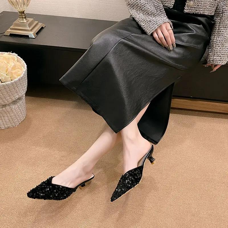 Fashion With Heel Sexy Sequins Shoes for Women Pointed Toe Woman Mules Slippers Elegant and Fashionable 2025 Luxury Non Slip Summer Sale
