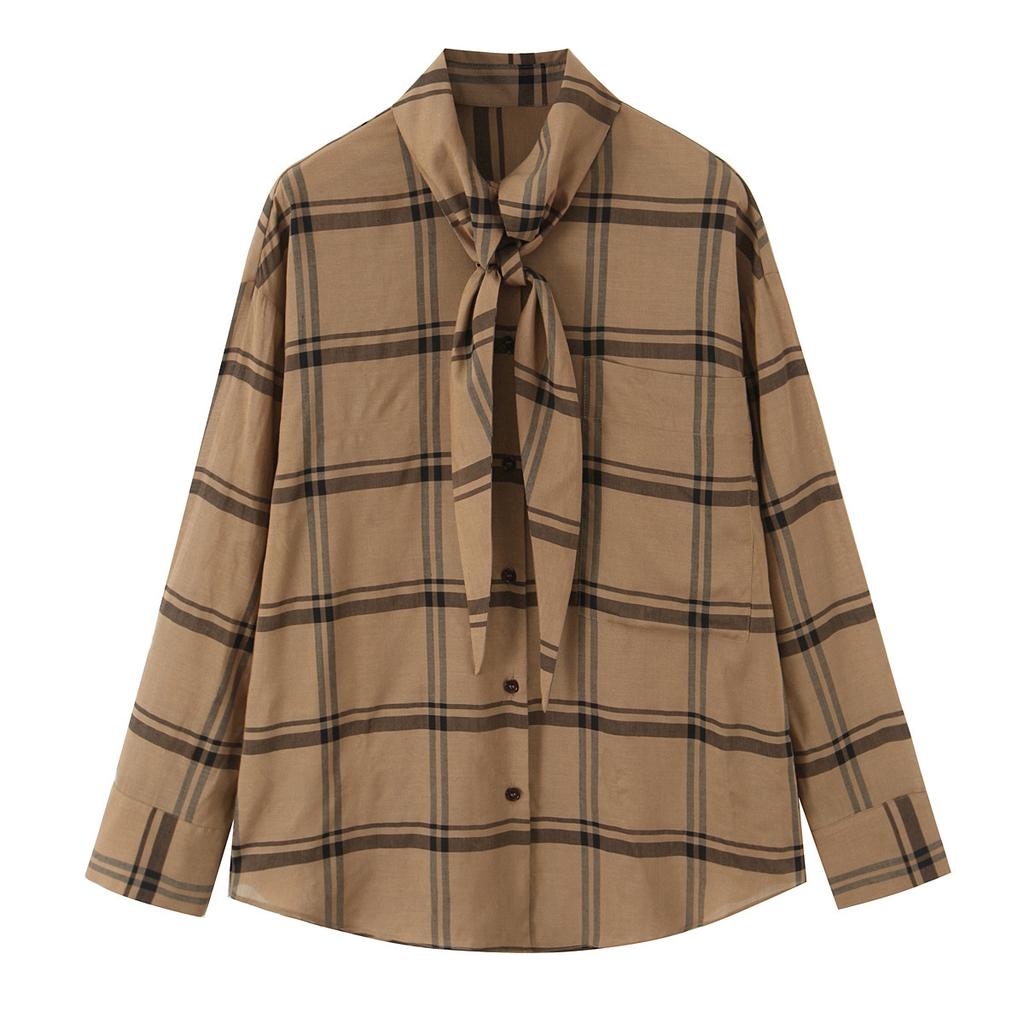 Autumn Spring Women's Casual Fashion Temperament Loose Versatile Striped Tie Lapel Long-sleeved Shirt Top