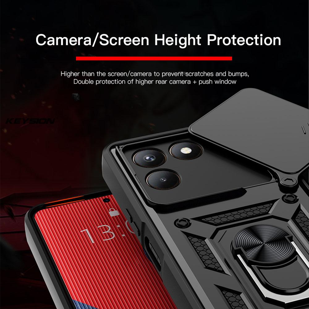 KEYSION Shockproof Armor Case for TECNO POVA 7 4G Slide Camera Lens Protection Metal Ring Stand Phone Back Cover for TECNO Pova7