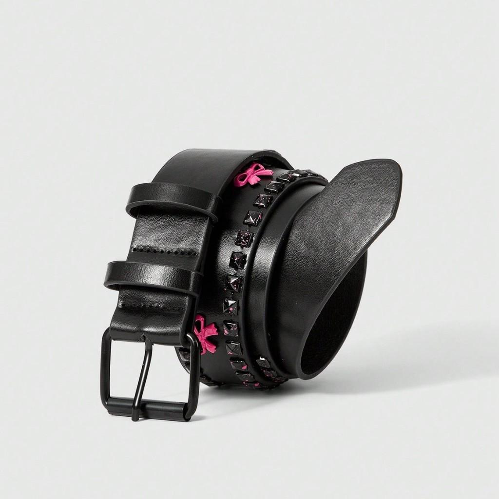 Metal Style Bow Buckle Belt With Circular Embellishments Casual Jeans Pants