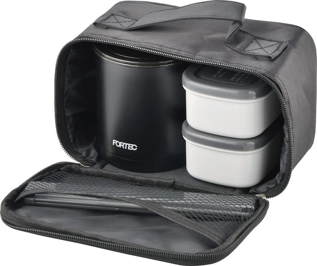 Wahei Freiz Bento Box, 640ml, Black, Slim, with Rice Container, Two Side Dish Containers, Chopsticks, and Insulated, Fortec Lunch, FLR-5957