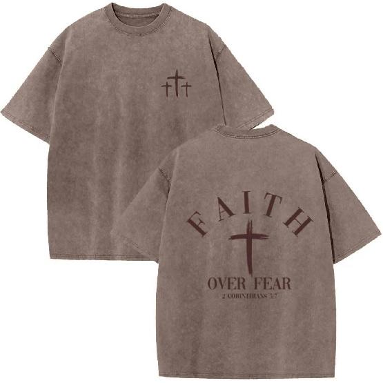 Christian Faith Over Fear Shirt for Men Cross God Oversized T-Shirt Inspirational Jesus Religious Short Sleeve Tops