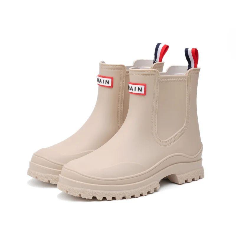 Kurze Damen-Gummistiefel, rutschfeste Wasserschuhe aus PVC, wasserdichte Outdoorschuhe, modische Damen-Wasserschuhe 37 khaki