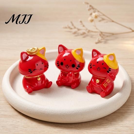 Traditional Symbol Decorations for Desk 6PCS Mini Red Fortune Cat Figurines, Durable Resin Luck And Prosperity Animal Lively Crafts Miniature Gardens