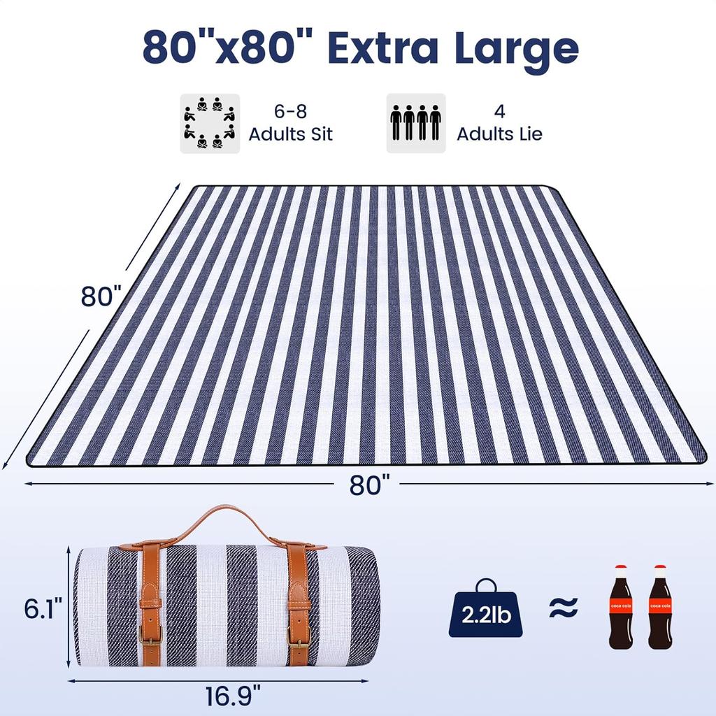80”x 80” Picnic Blanket Extra Large, Waterproof and Foldable Beach Blanket, 3-Layer Outdoor Blanket for 6 to 8 Adults, for Camping Beach Grass