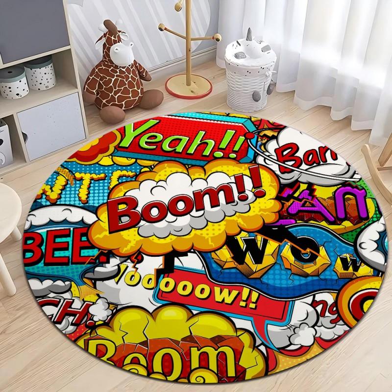 Hip Pop Doodle Print Round Area Rug for Kids Bedroom  Anti Slip Washable Flannel Carpet for Home Living Room  Round Floor Mat