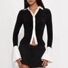 Women's Long Sleeve Slim Fit Button Down Shirt Bell Sleeve Paneled Contrast Top