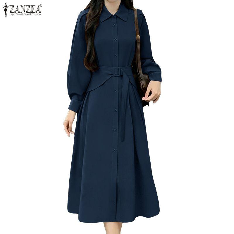 ZANZEA Women Casual Turn Down Collar Loose Long Sleeve Dress