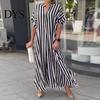 Lightweight Summer Dress Women Striped Print Color Matching V Neck Short Sleeves Loose Lady Maxi A-line Side Split Commute Casual Long Sleeve