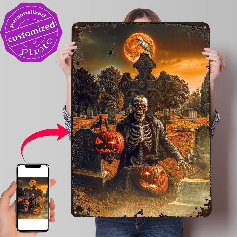 Skeleton With Pumpkins On Halloween Personalized D Textured Metal Poster Wall Art Vintage Tin Signs for Home and Decoration
