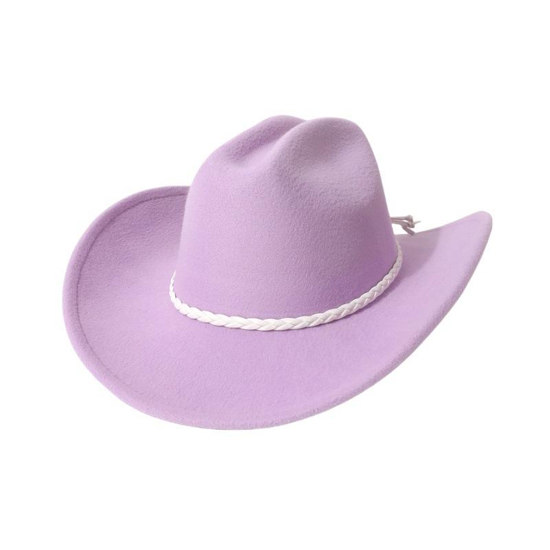 

European and American vintage jazz hat, wool felt hat, cowboy hat, retro faux wool felt hat, flat-brimmed hat with three-strand braid decoration, M（56-58cm） Фіолетовий