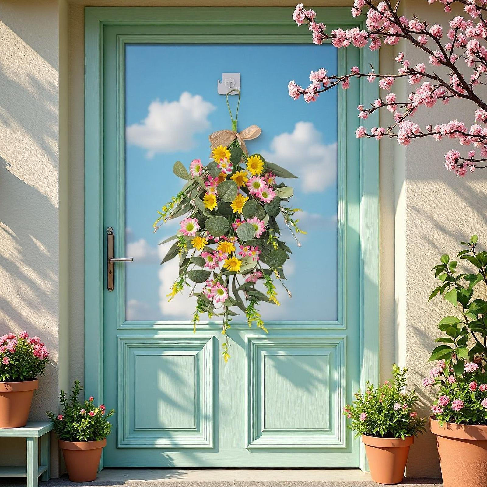 Spring Summer Teardrop Swag Colorful Floral Artificial Wildflower Greenery for Front Door
