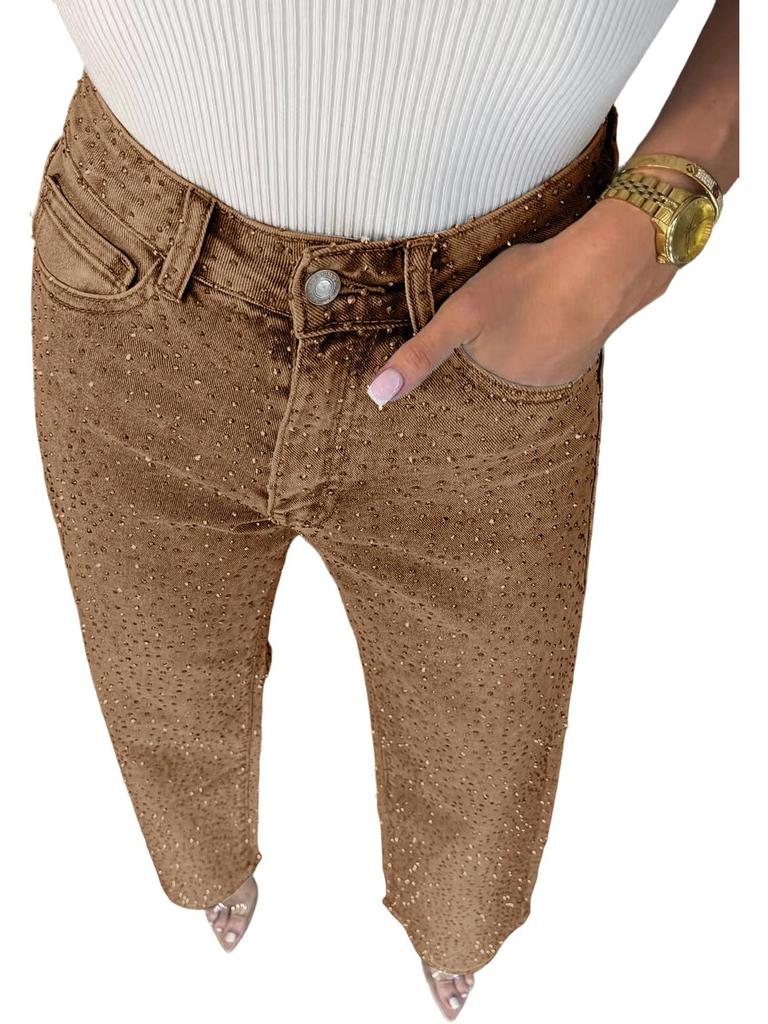 Jeans Dritti a Vita Alta da Donna con Strass su Tutta la Superficie Denim Lavato ad Alta Elasticità Pantaloni Larghi Lunghi Streetwear di Lusso S-3XL