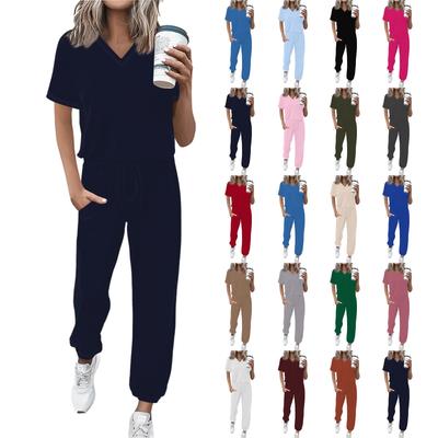 Γυναικείο παντελόνι τζόκινγκ με V λαιμόκοψη, μονόχρωμο, χαλαρή ζώνη και κοντό μανίκι, φόρμα