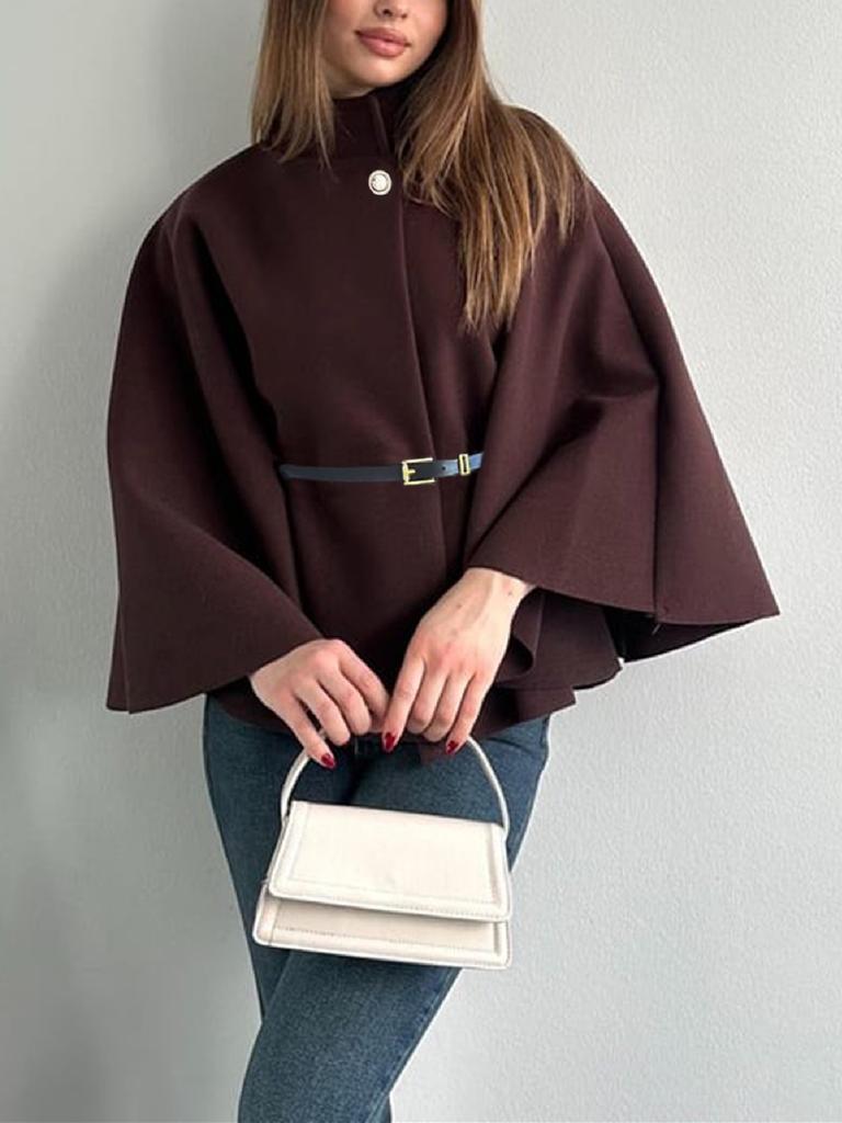 Moda Invernale Donna Stile Elegante Colore Puro Cintura con Cintura Cappotto Mantella in Lana