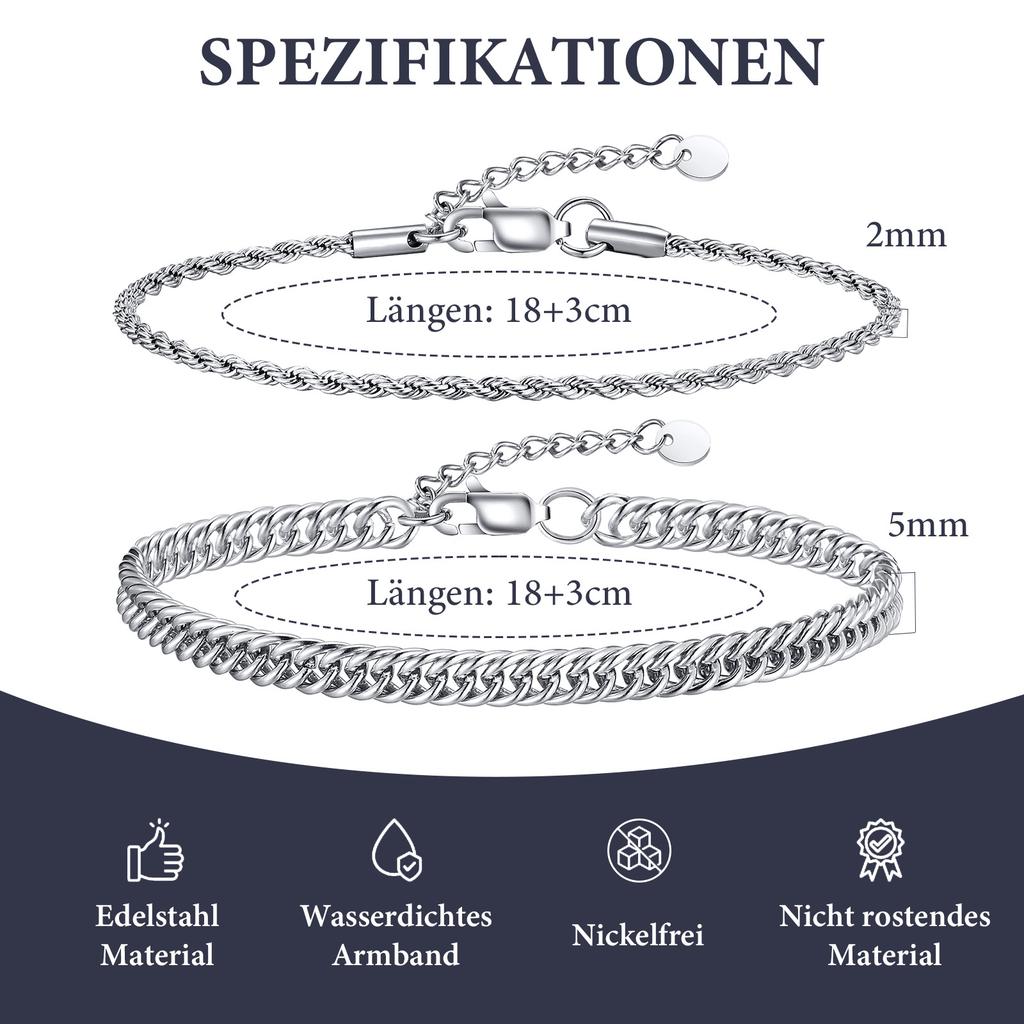 2pcs/set Men's Chain Bracelet,Waterproof Stainless Steel Twisted Rope Chain Wristband,New Trendly Punk Jewelry Gift