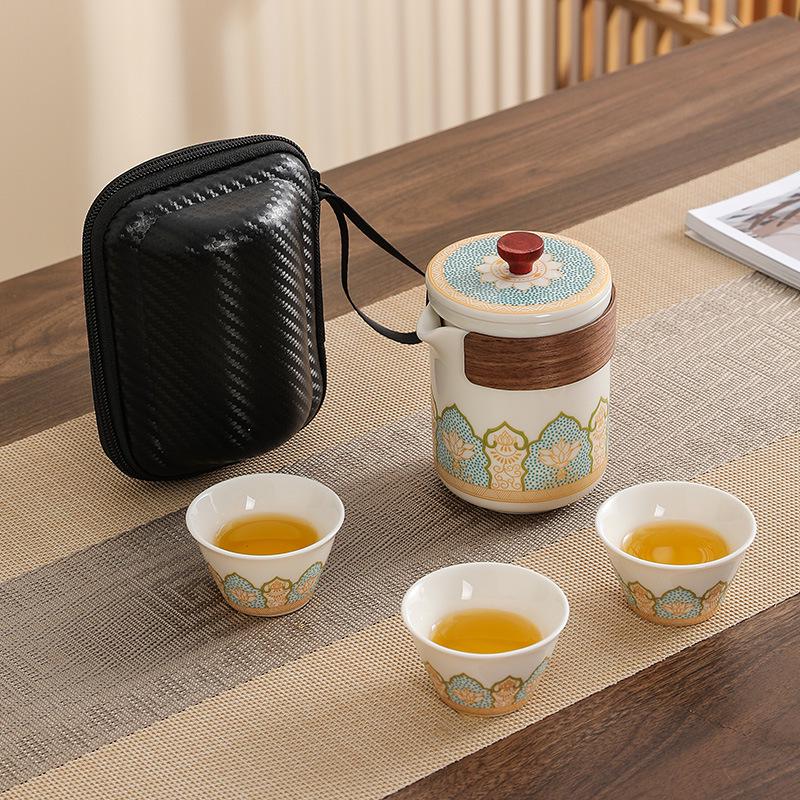 Ancient Charm Ceramic Travel Tea Set: Quick-Brew Pot with Three Cups for Outdoor Use - Customizable Logo Gift