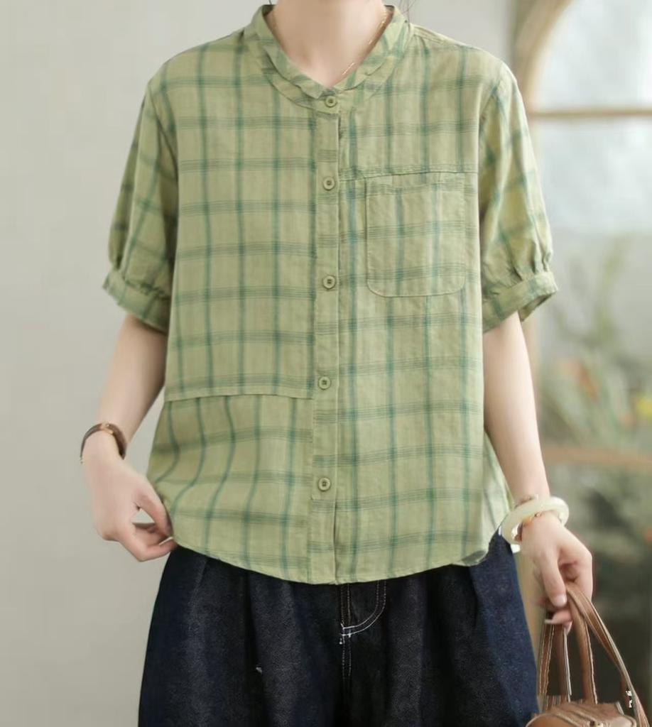 DIMANAF 2026 Plus Size Summer Women Blouse Shirts Tunic Oversize Loose Casual Cotton Lady Tops Vintage Plaid
