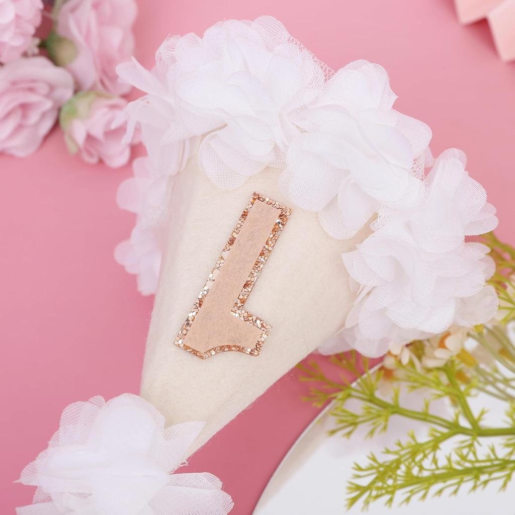 White Flower 1st Birthday Hat - First Birthday Decorations For Girls,Felt Cone Party Hat Photo Props,1st Birthday Hat With White Gauze Flowers,Little
