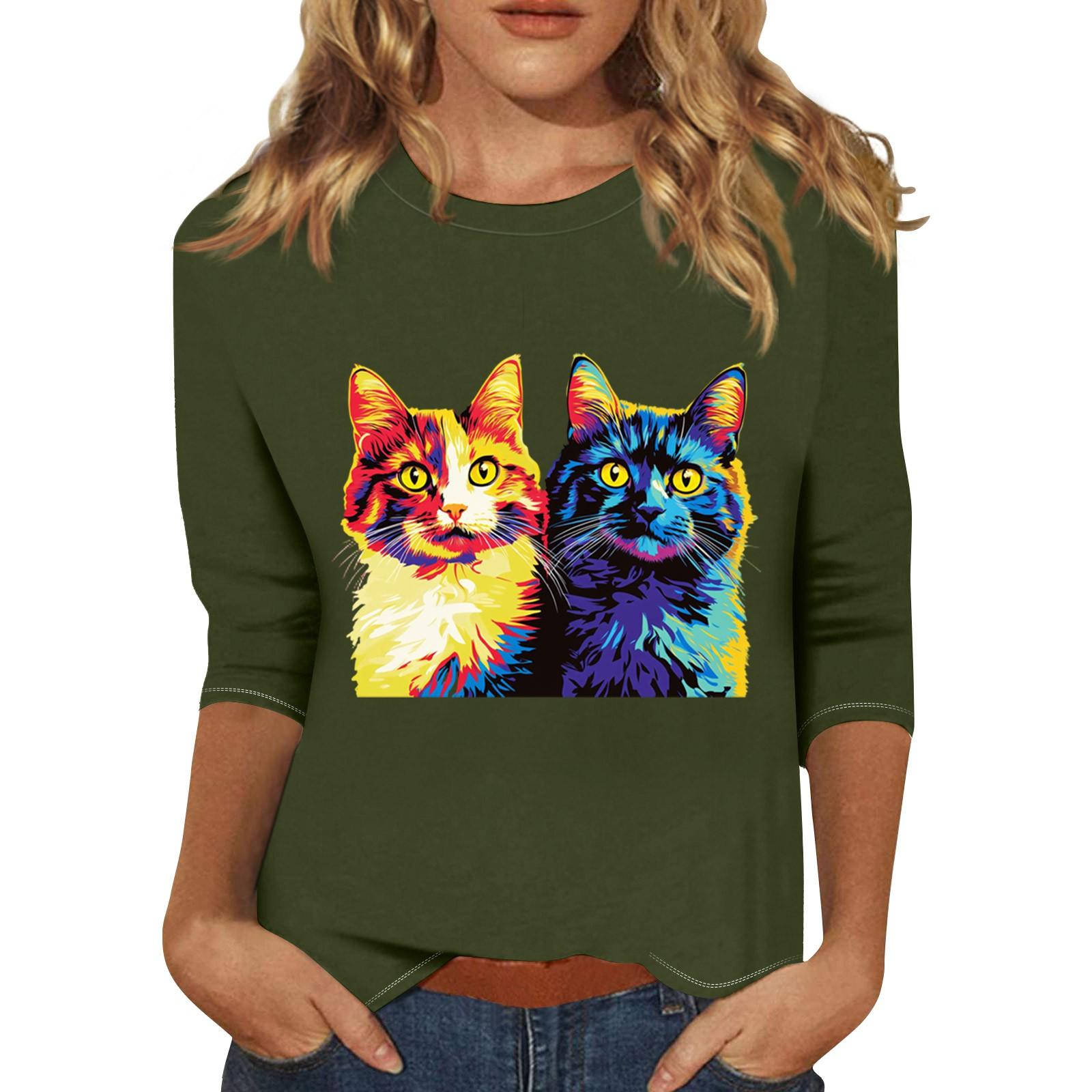 

Women s Fashion Casual Three-quarter Sleeve Print Round Neck Pullover Top M