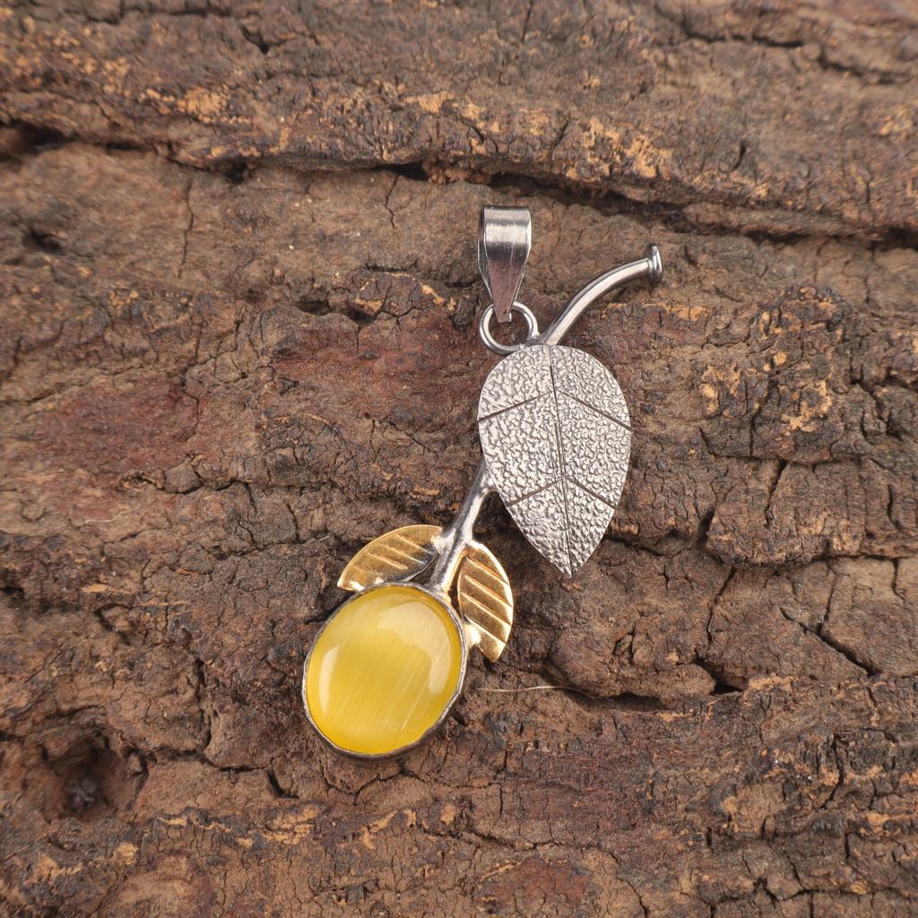 Yellow Cat'S Eye Stone Ethnic Handmade Boho Pendant Jewelry 925 Sterling Silver PP-55-27