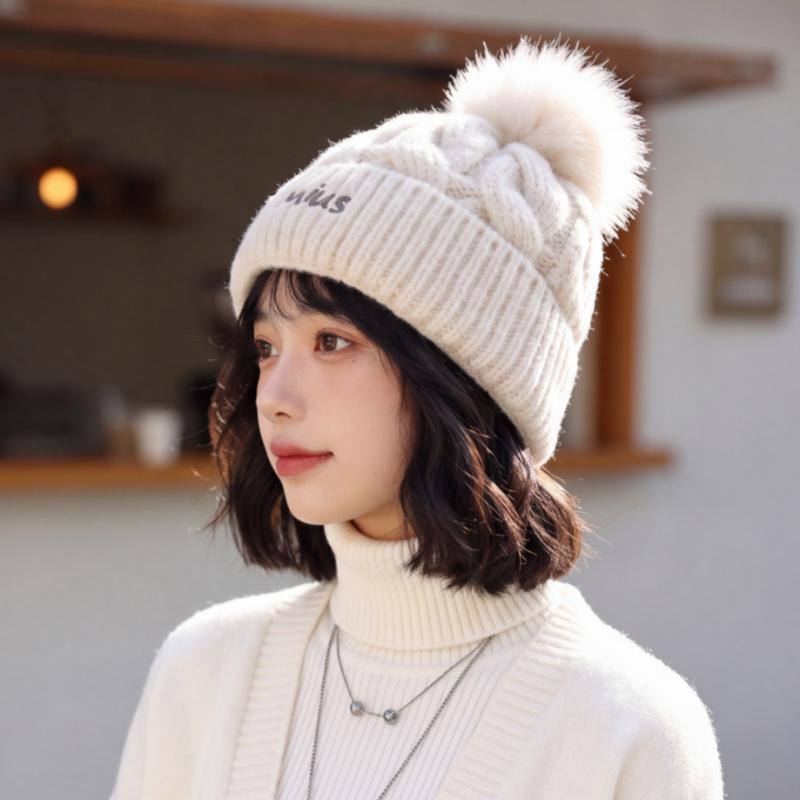 Autumn and winter hairball knitted hat women's thickened warm wool hat, small face, versatile letter embroidery cold hat