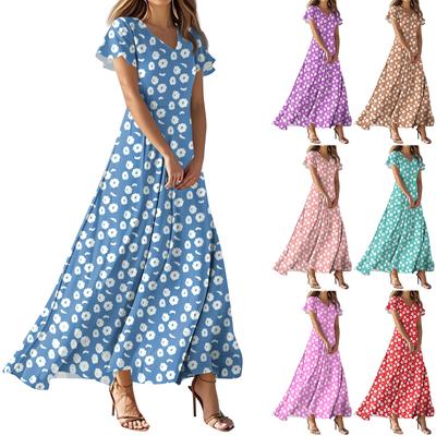 Women's Summer Casual Fashion Solid Color Dresses V-Neck Short Sleeve Dresses