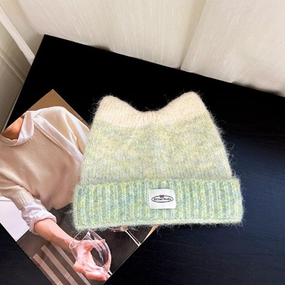 New Gradual Change Color Knitted Hat Yarn Warm Winter Hat Cat Ears Shape Cute Beanie Hat Women