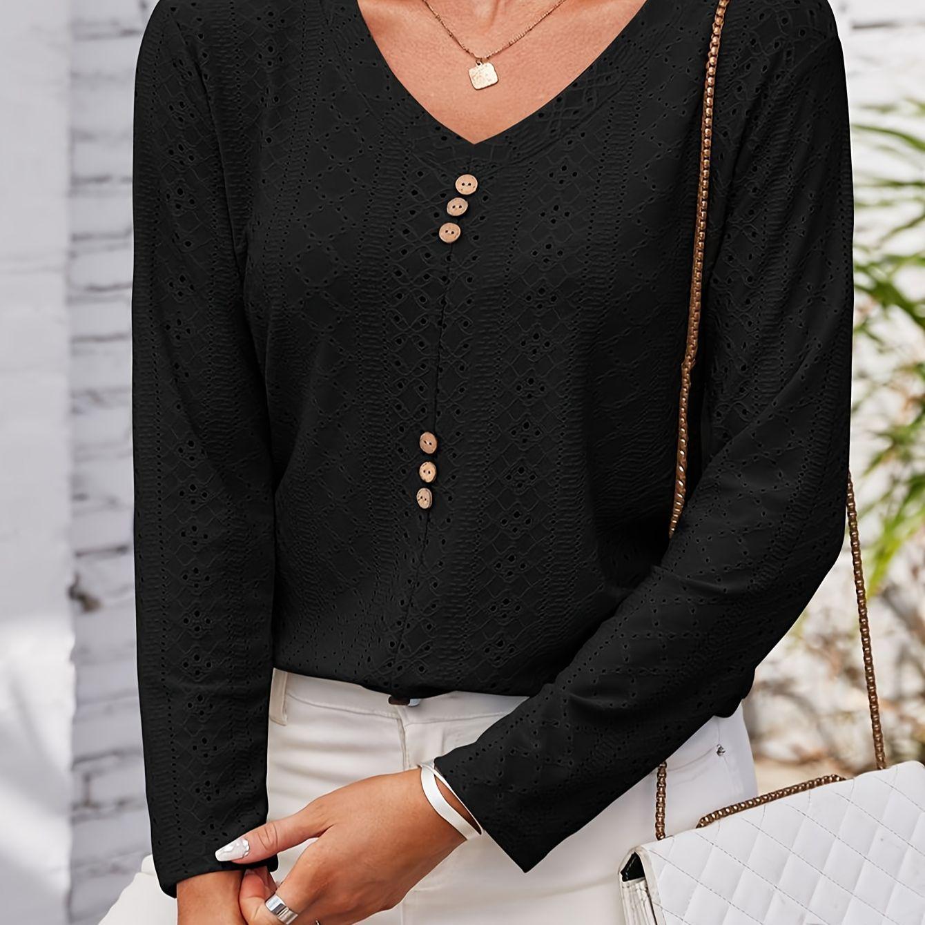 

Plus Size Women s Jacquard Knit Long Sleeve Button T-shirt 1XL чорний