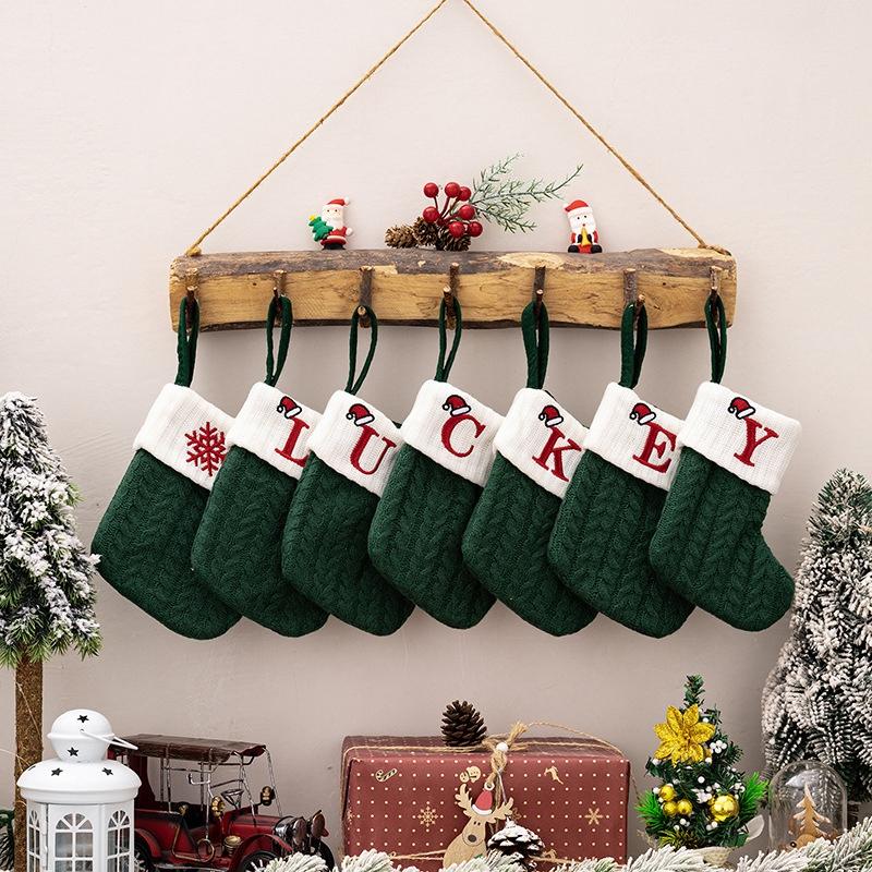 Green Red Christmas Socks Xmas Stocking Knitting New Year Navidad Gift Bag Christmas Tree Decoration Ornament Xmas Tree Pendant