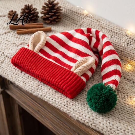 Comfortable Elastic Hat Christmas Elf Knitted Hat Ears And Fluffy Fur Ball Decor Soft Funny Cosplay Headwear Acrylic Striped Cap for Winter Festive